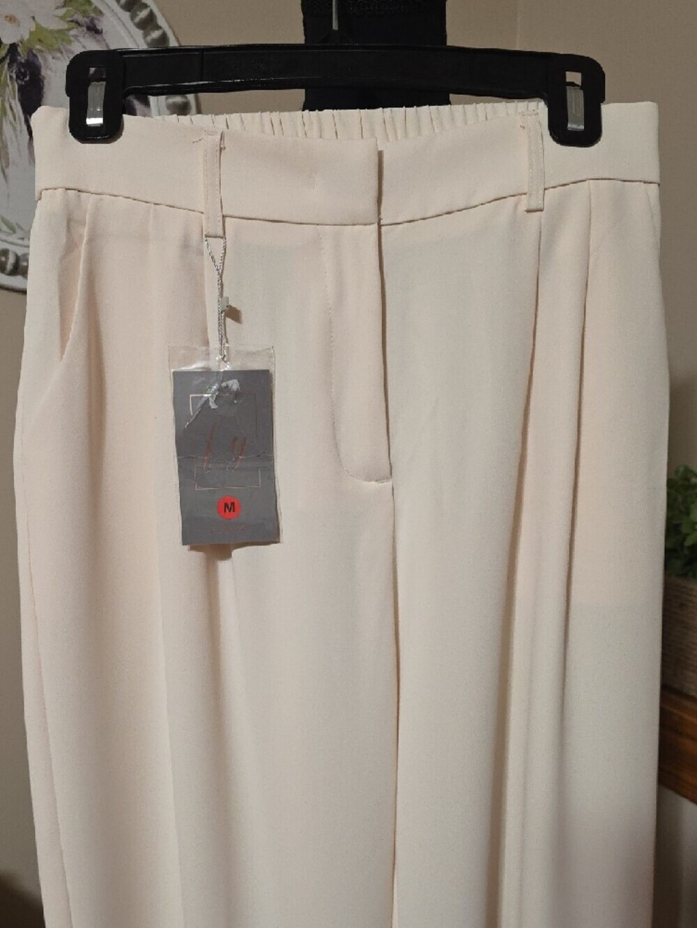 Wide-Leg Cream Women's Dress Pants - Picture 2 of 9